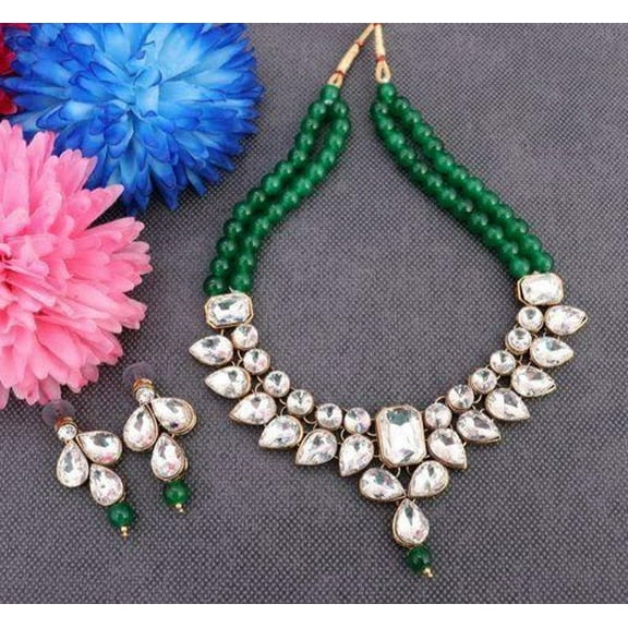 Green Beaded Kundan Choker Necklace Set with Earrings – Handcrafted Indian Ethnic Jewelry for Women