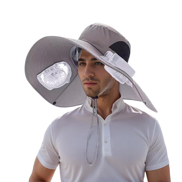 LUVCLS Sombrero de ala ancha para el sol con 2 ventiladores solares, carga USB y ventilador con energía solar, sombrero para hombre para verano, pesca, senderismo, camping, playa