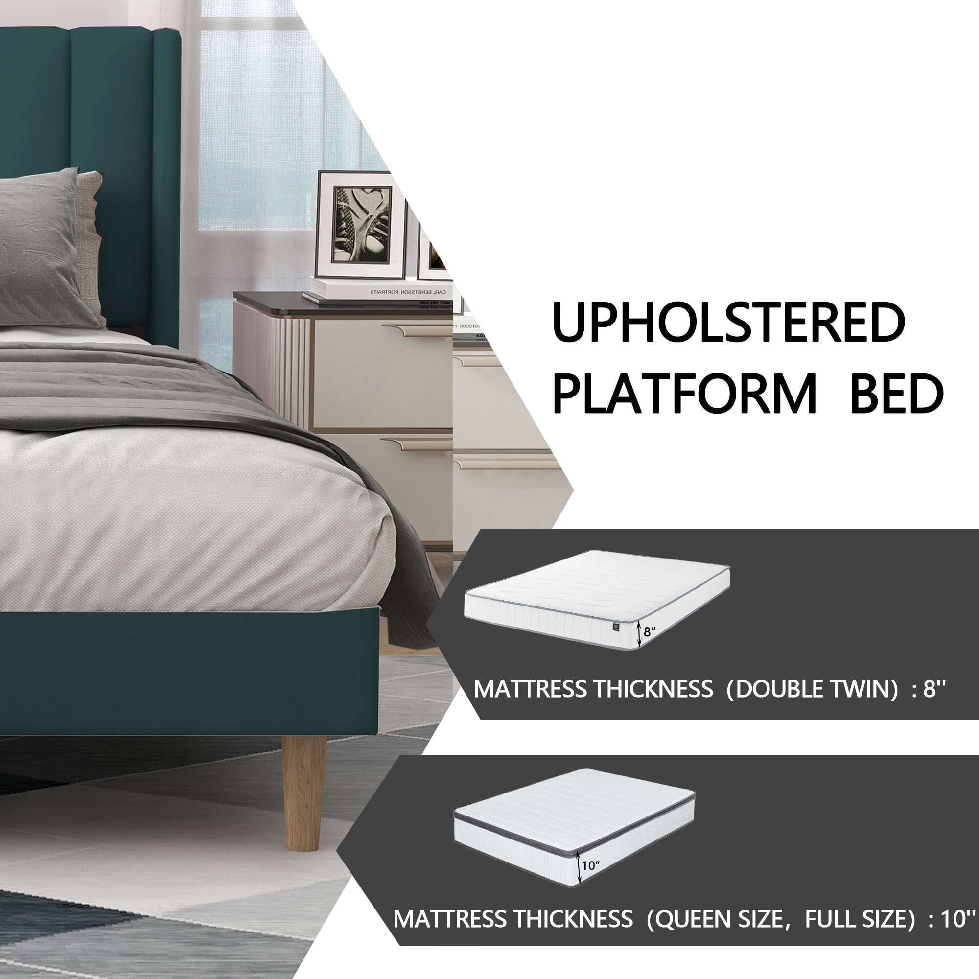 alazyhome King Size Upholstered Platform Bed Frame, Easy Assemble, Green Velvet
