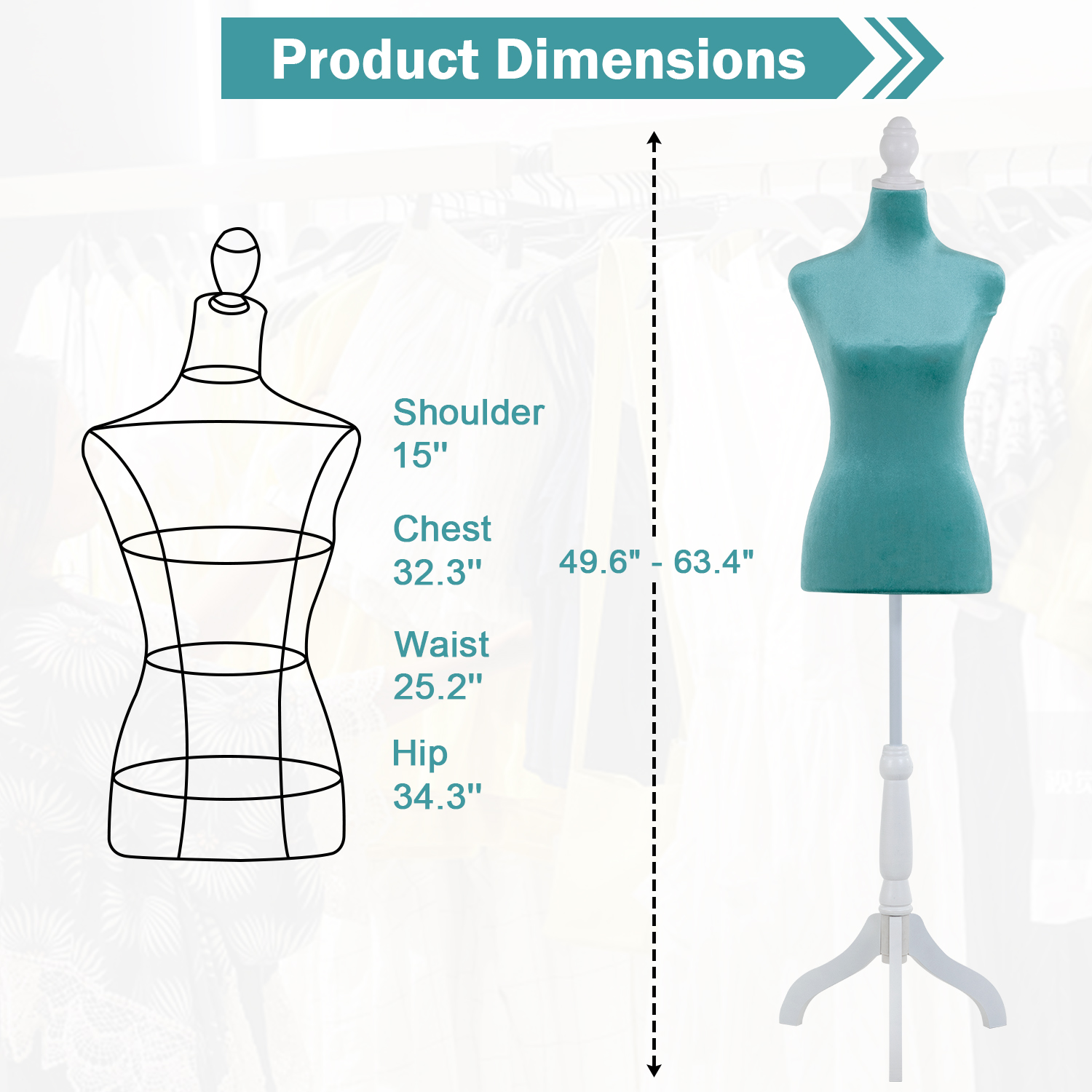 49"-63" Height Dress Form Mannequin Adjustable Female Mannequin Torso Sewing Mannequin Female Dress Model Torso Body Tripod Stand Clothing Forms, Green