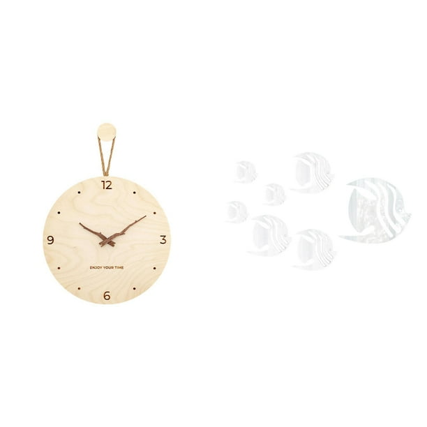 Reloj de pared minimalista moderno de madera nórdica y espejo acrílico, calcomanías de peces, adorno colgante decorativo para dormitorio, oficina,