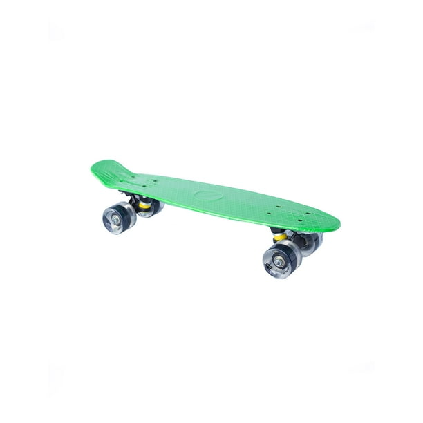 Patineta semiprofesional minicruiser tipo penny con deck verde, trucks negros y ruedas negras transparentes Display Penny minicruiser