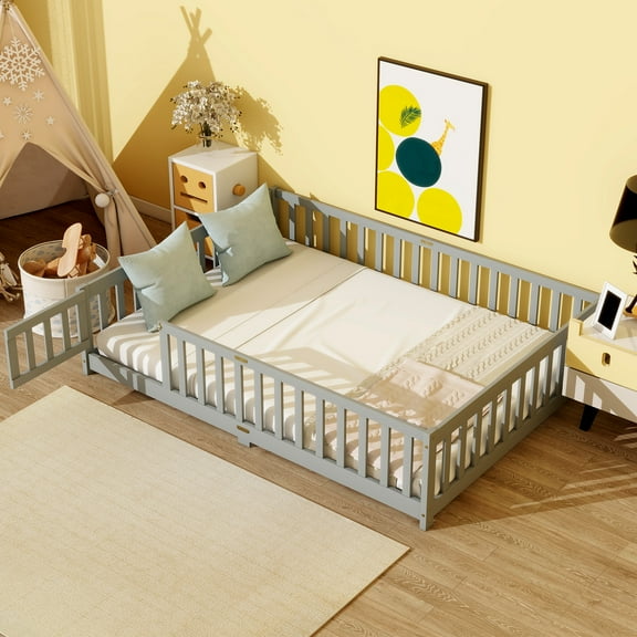 Bed Frame Full Size Floor Bed with Fence and Door,Rubber Wood Floor Bed with Safety Guardrails,Grey,Platform Bed Frame