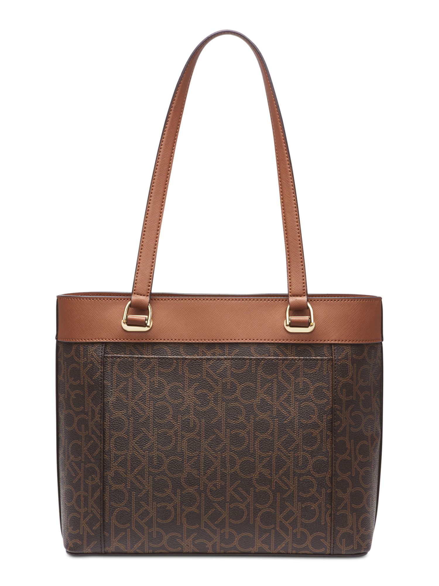 CALVIN KLEIN Women's Brown Logo Leather Double Flat Strap Tote Handbag Purse