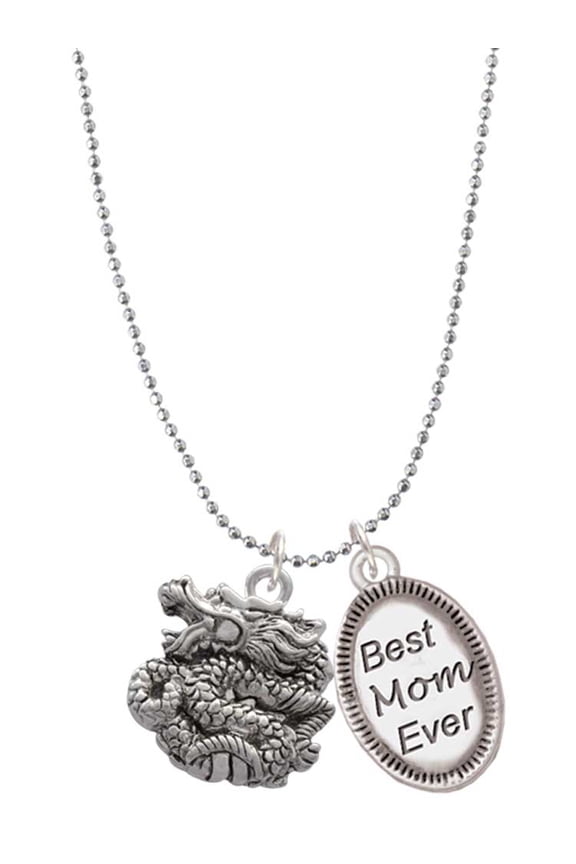 Silvertone Chinese Dragon Best Mom Ever Charm Necklace