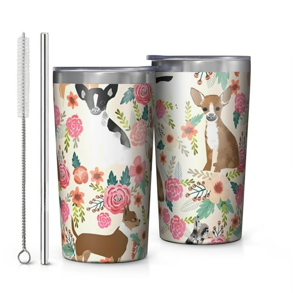 Chihuahua Dog and Flower 10oz Tumblers Stainless Steel Tumbler with Lid and Straw,Vacuum Insulated Double Wall Travel Tumbler Cups with Cleaning Brush for Coffee, Tea