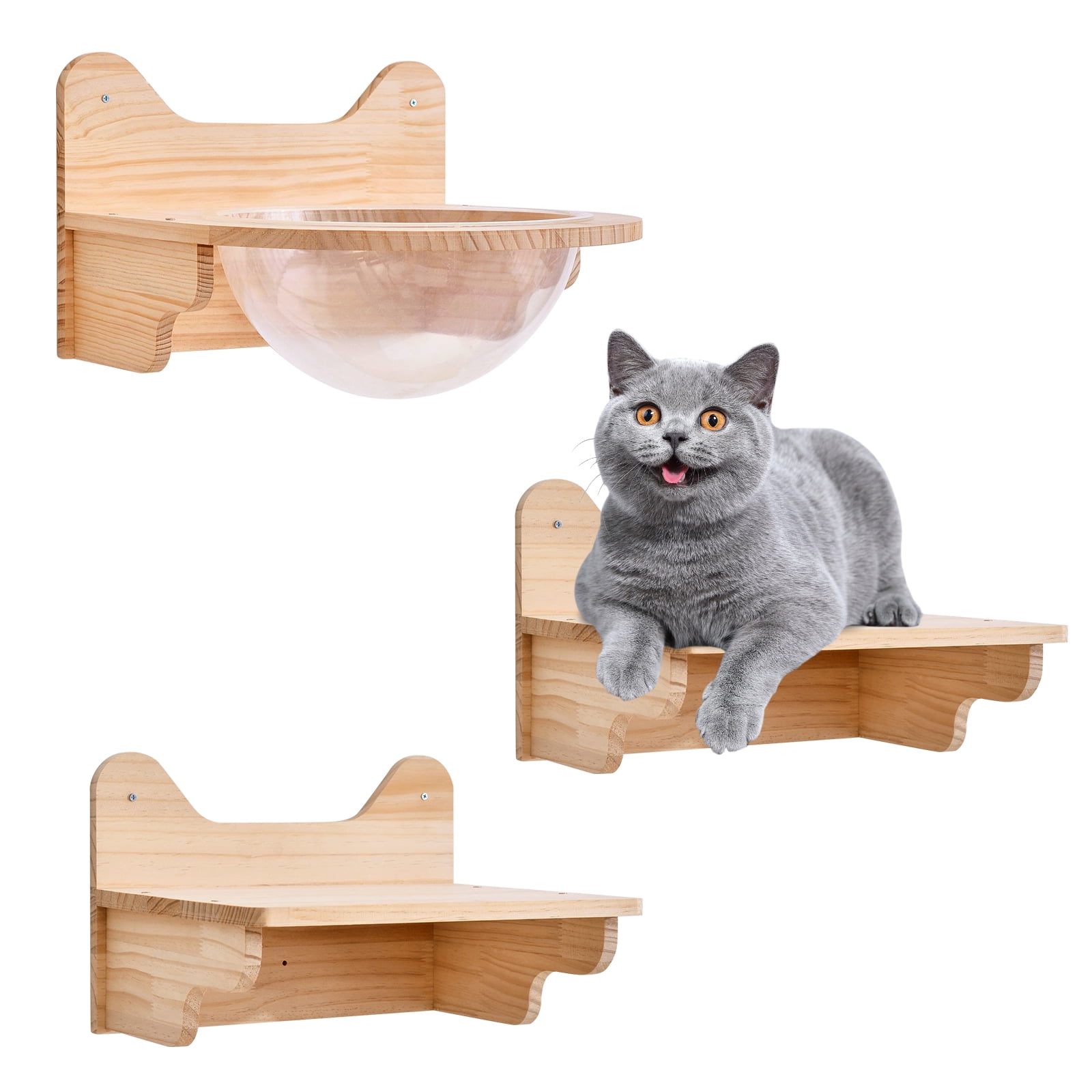 Miumaeov WallMounted Wooden Clear Capsule Cat Bed Set Small Pets Toy