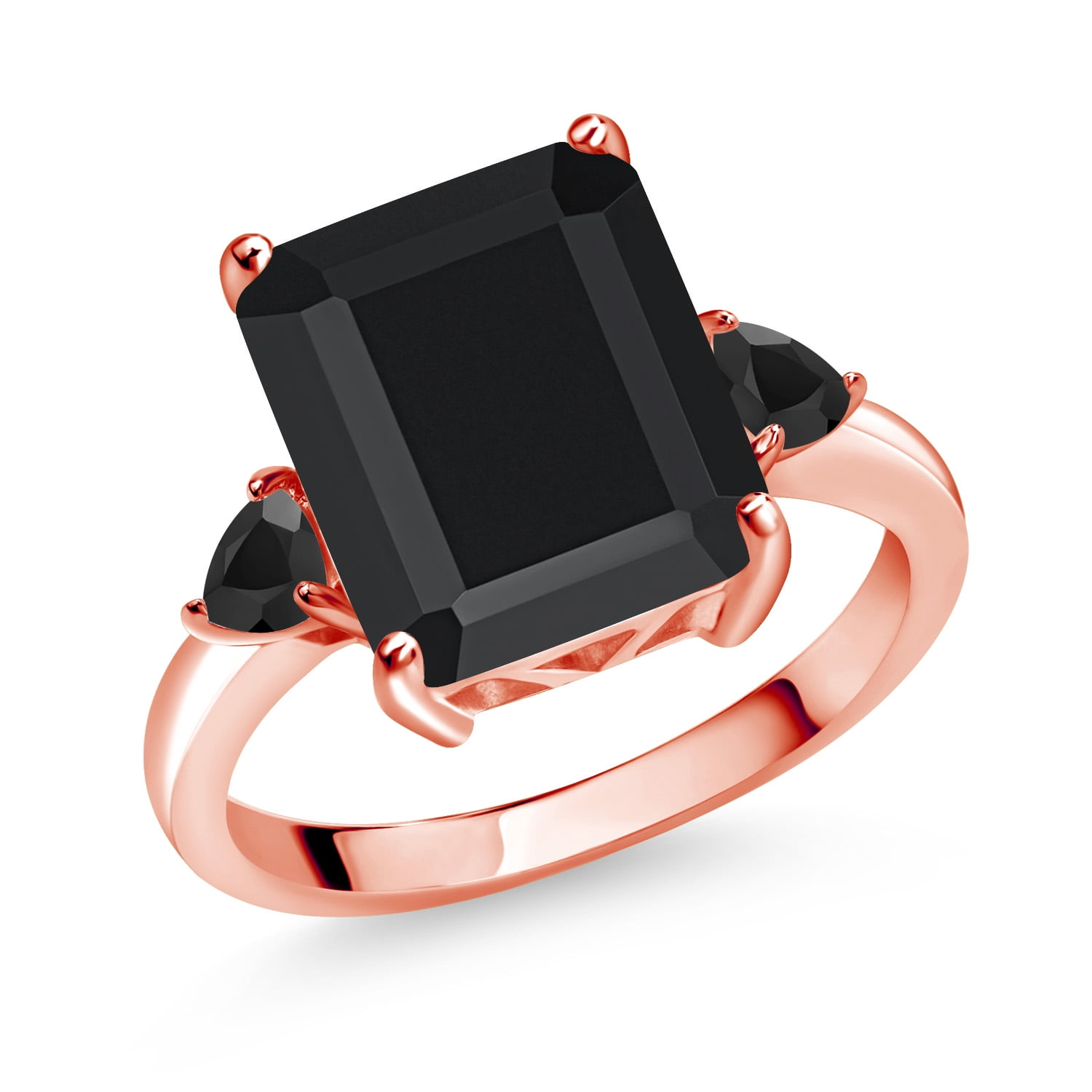 Gem Stone King 6.01 Cttw Black Onyx 3-Stone Ring for Women | 18K Rose Gold Plated Silver | 12X10MM Emerald Cut and 3.5MM Trillion | Wedding Engagement Anniversary Promise Ring for Women | Size 9