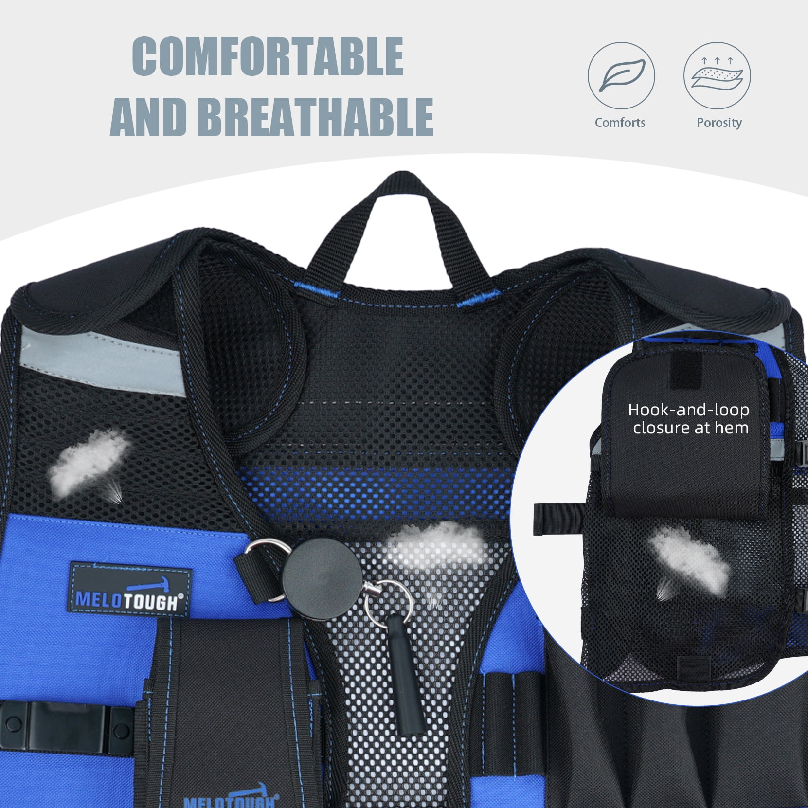 MELOTOUGH Tool Vest for Men Reflective Safety Tool Vest with Adjustable Straps, Removable Phone Holder for Electrical, Carpenters, Construction, Handyman (Blue)