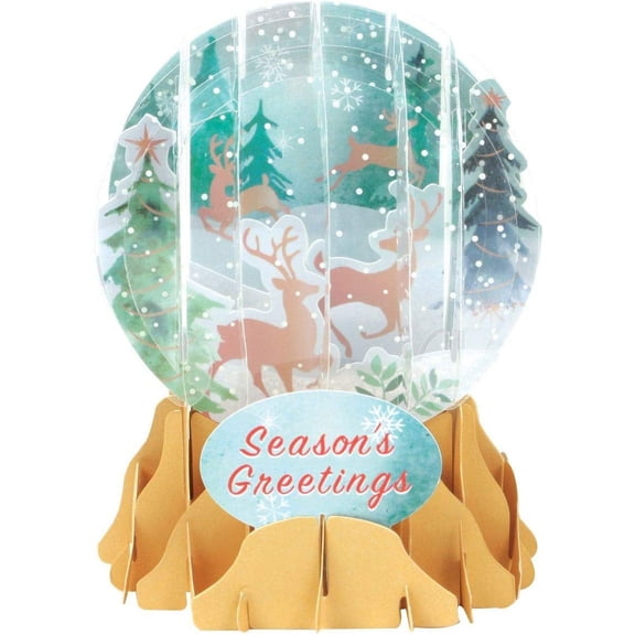 Up With Paper Prancing Reindeer and Snow Covered Trees Pop-Up Snow Globe Christmas Card