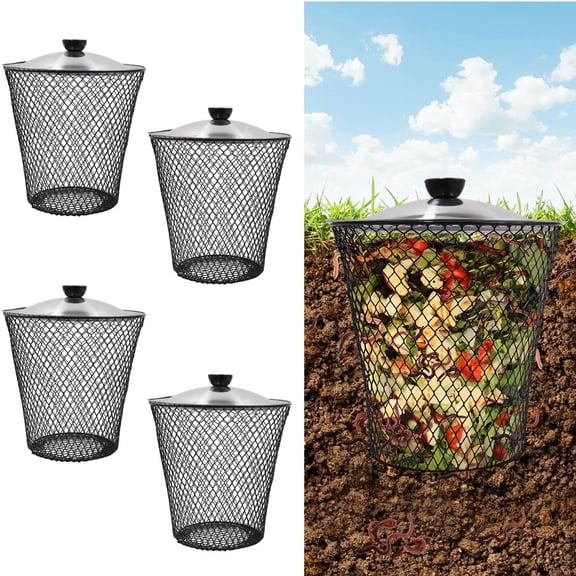 4 Pack In Ground Compost Bin Outdoor, Metal Worm Compost Bin with Lid for Organic Refuse, Worm Farm for Garden, Vegetable Patch, Backyard, Greenhouse