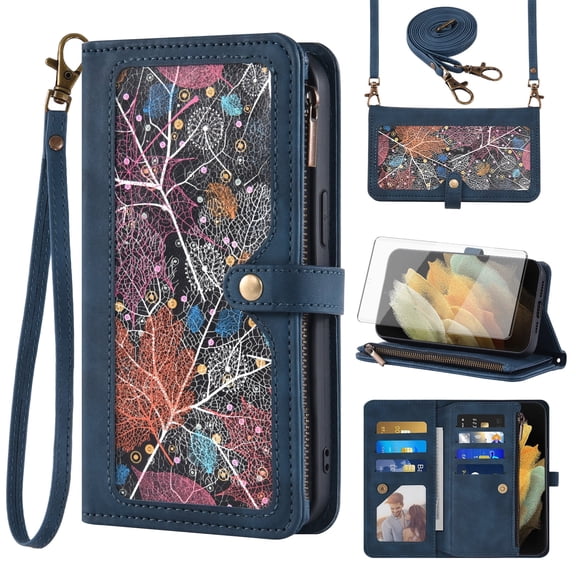 Asuwish Phone Case for Samsung Galaxy S21 Ultra 5G Wallet Cover With Tempered Glass Screen Protector Crossbody Wrist Strap Flip Pattern Zipper Card Holder Cell S21ultra 21S S 21 21ultra G5 Women Blue