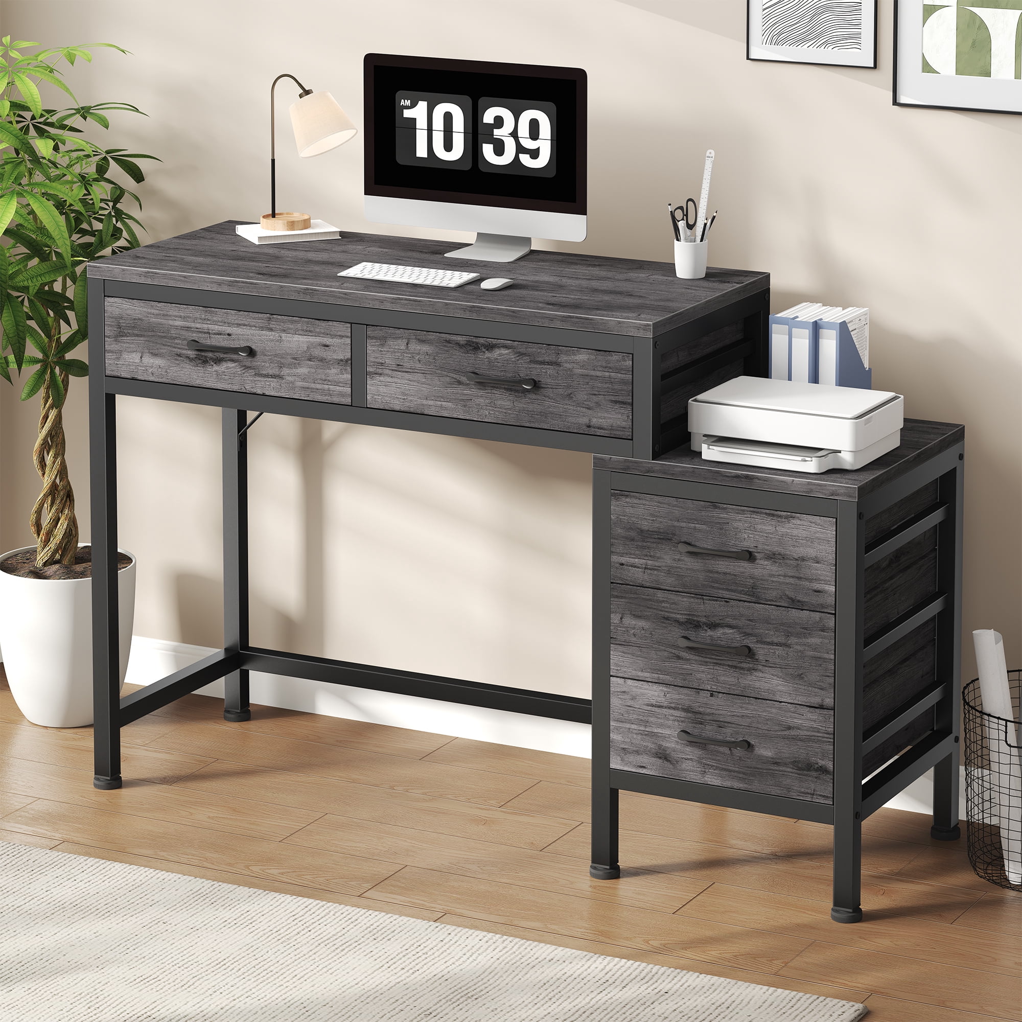 IULULU 51inch Computer Desk with 5 Drawers, Woodtop Desk of Small Spaces, Modern Style for Home Office, Gray