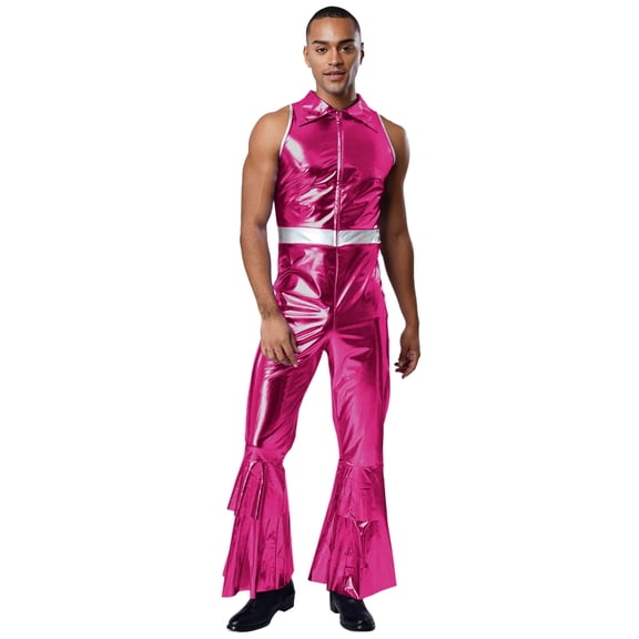 Choomomo Adult Men Astronaut Jumpsuit Male Jazz Hip Hop Outfits Bell Bottom Pants Sleeveless Singer Uniform Hot Pink 3XL