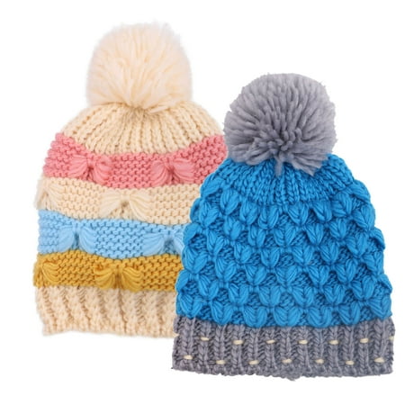 - Arctic Paw Kids Crochet Cable Knit Beanie With Yarn Pompom,Blue/Cream Stripe
