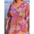 thumbnail image 5 of Women's Plus Size Printed V Neck Half Sleeve Maxi Dress with Ruched Detail and Slit for a Flowy Silhouette viscose %, 5 of 9