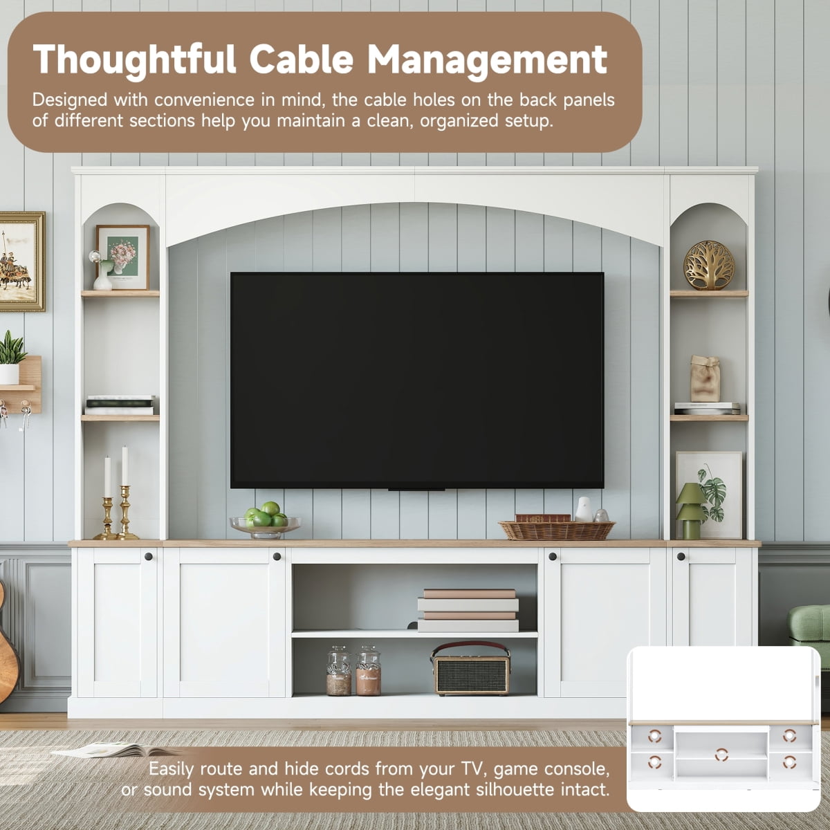 Luckynote Farmhouse TV Stand, Entertainment Center with Bookshelf, Arched Design Wood Grain for 70" TVs, 91 Inch Media Console with Adjustable Shelves, White