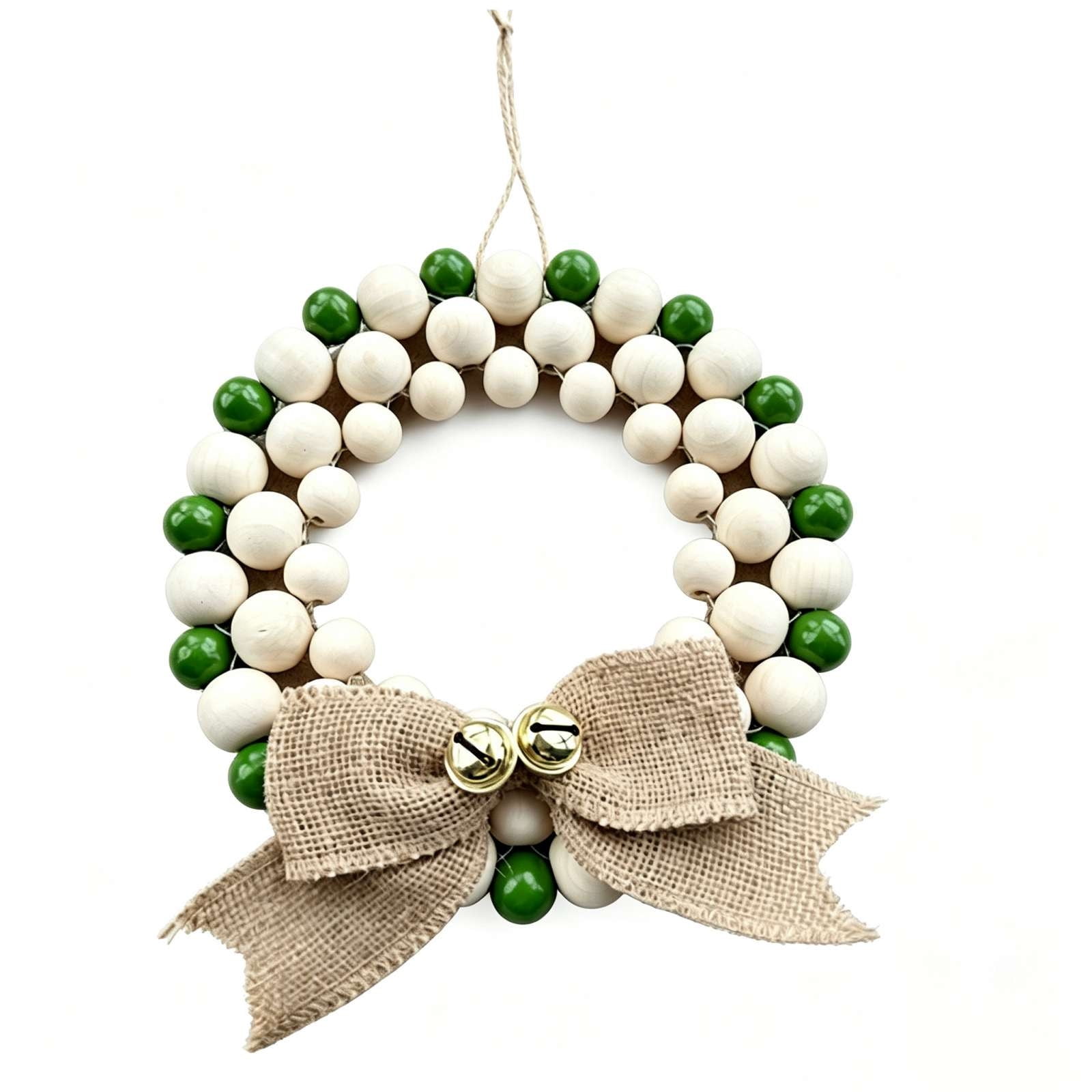 Hgsbede 8.46in Christmas Wooden Bead Wreath with Jute Bow & Metal Bells Hanging Ornament for Front Door Wall & Home Decorations