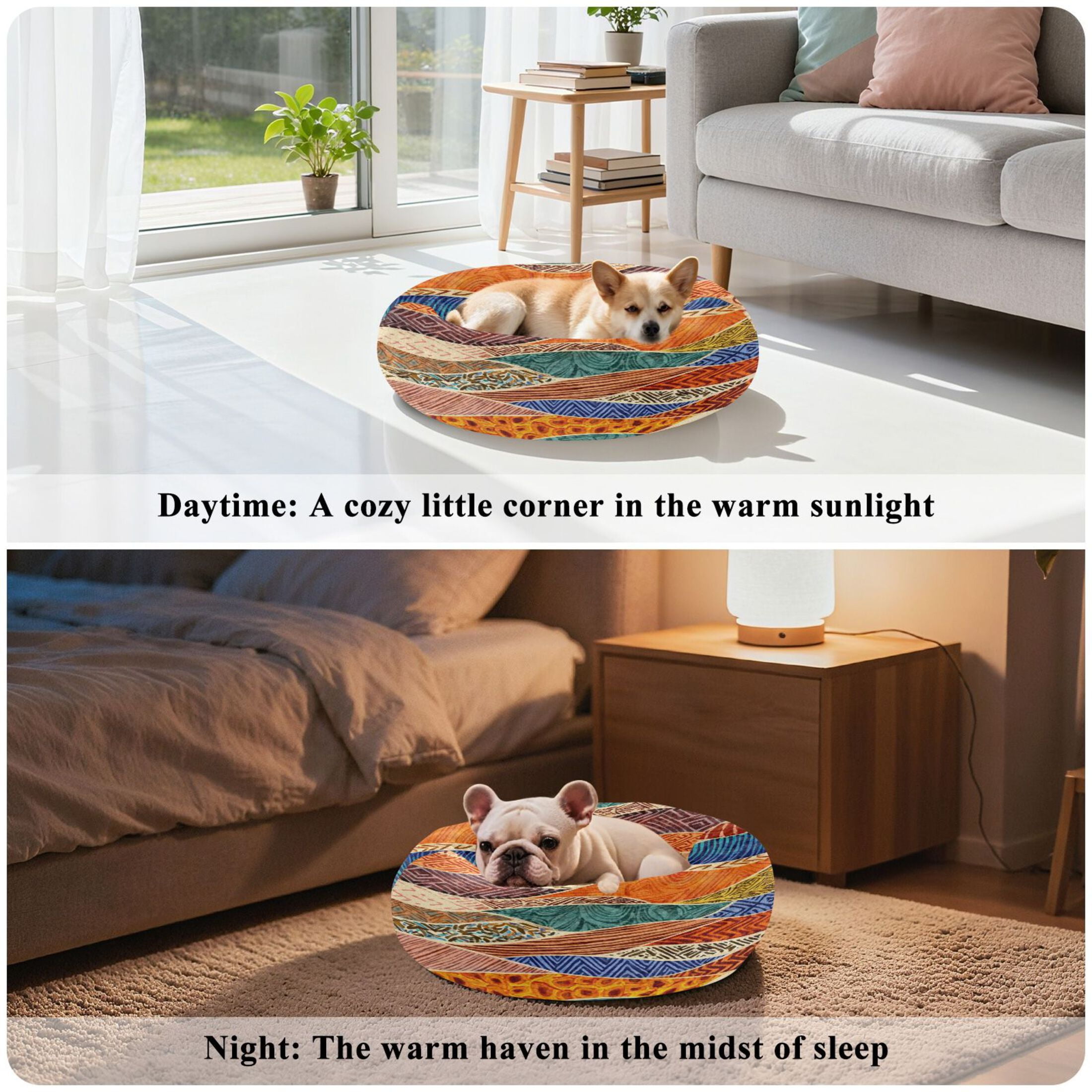 Iauyy Pet Couch Donut Cat Bed for Indoor Cats/Small Dogs Washable & Machine with Non-slip Bottom Calming Cat Furniture, Patterns Of The Multicolored Tribe (M)