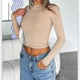 thumbnail image 3 of GHSDFBB Femmes Été Ajusté Basique Crop Tops Couleur Unie Manches Longues Courtes Col Rond Chandail T-Shirts Moulants Mode Urbaine, 3 of 5