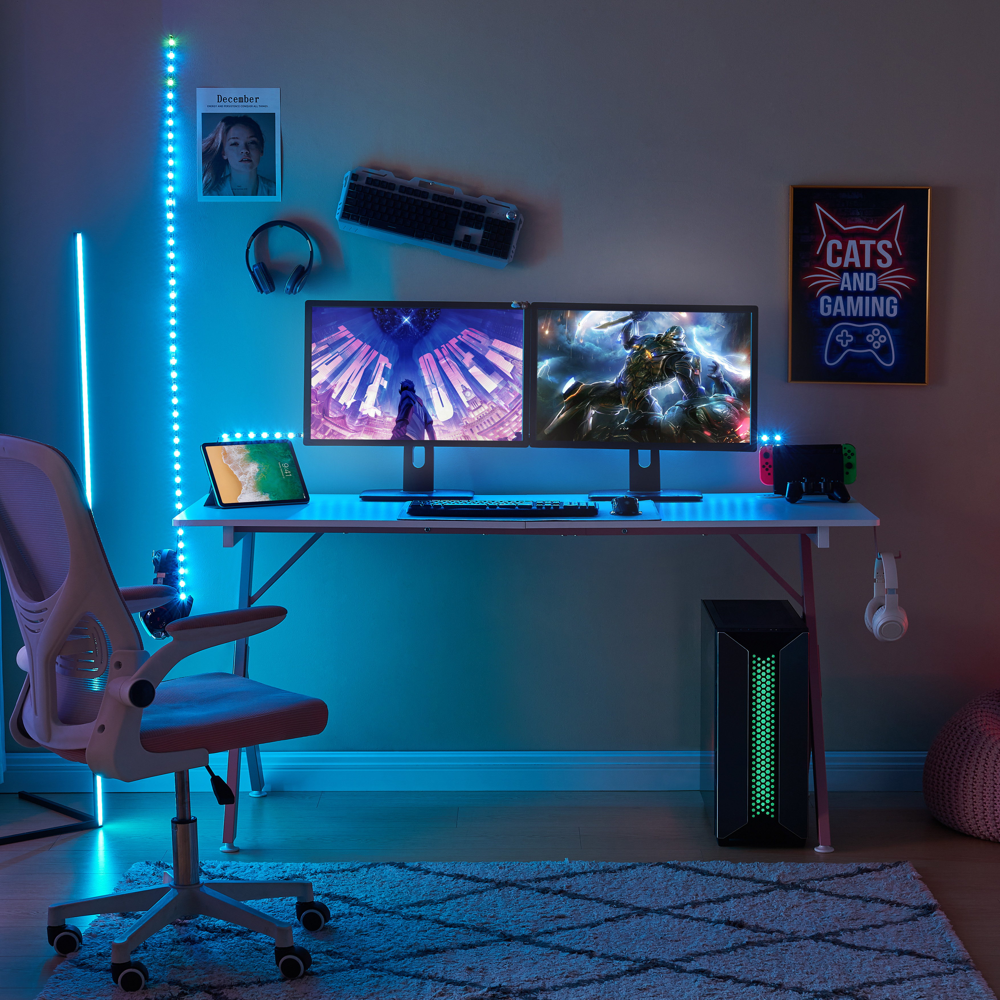 JJS Game Table 63 ", carbon fiber surface computer table, mouse pad, ergonomic e-sports style game table, dual headphone hooks, White pink