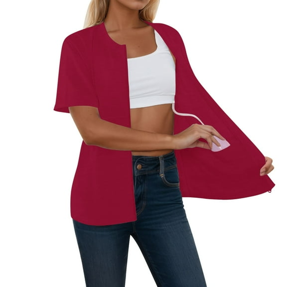 Alun Womens Post Mastectomy Full Zipper Tops with Drain Pockets Surgery Recovery Must Haves Clothing Crewneck Short Sleeve Lightweight Soft Comfy Pure Casual Blouse Shirts XL
