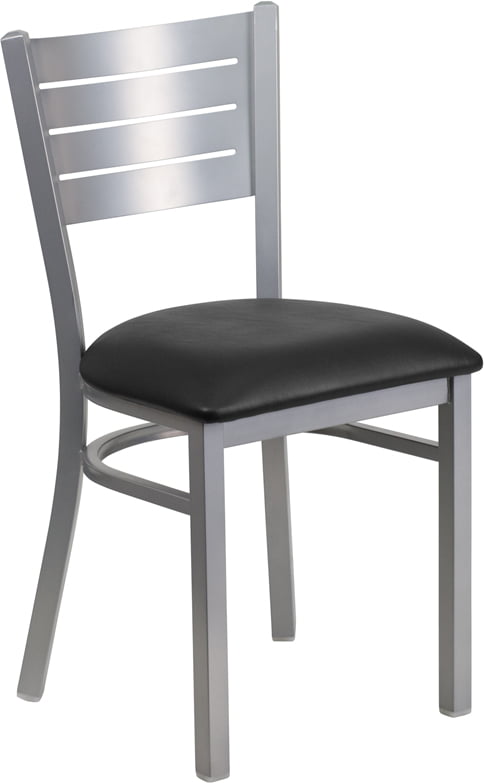 Silver Slat Back Metal Restaurant Chair With Walnut Wood Seat 