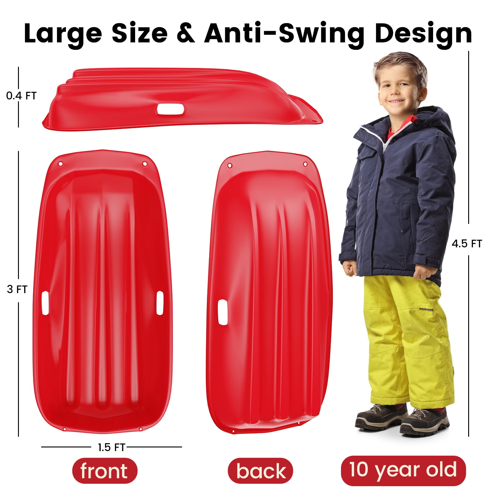 36 Inch Durable Downhill Sprinter Toboggan Snow Sled for Kids Boys Girls Adults with Built-in Handles and Pulling Rope - Red