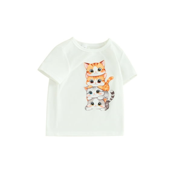 JYYYBF Kid Summer T-Shirt Cartoon Cat Print Short Sleeve Round Neck Graphic Tops for Little Girls and Boys