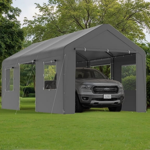 All-Season 13' x 20' Heavy Duty Portable Outdoor Garage Carport with Mesh Windows,Grey