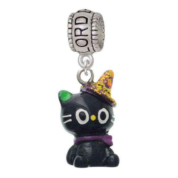 Delight Jewelry Resin Black Kitty Cat with Witch Hat Lord Guide Me Charm Bead