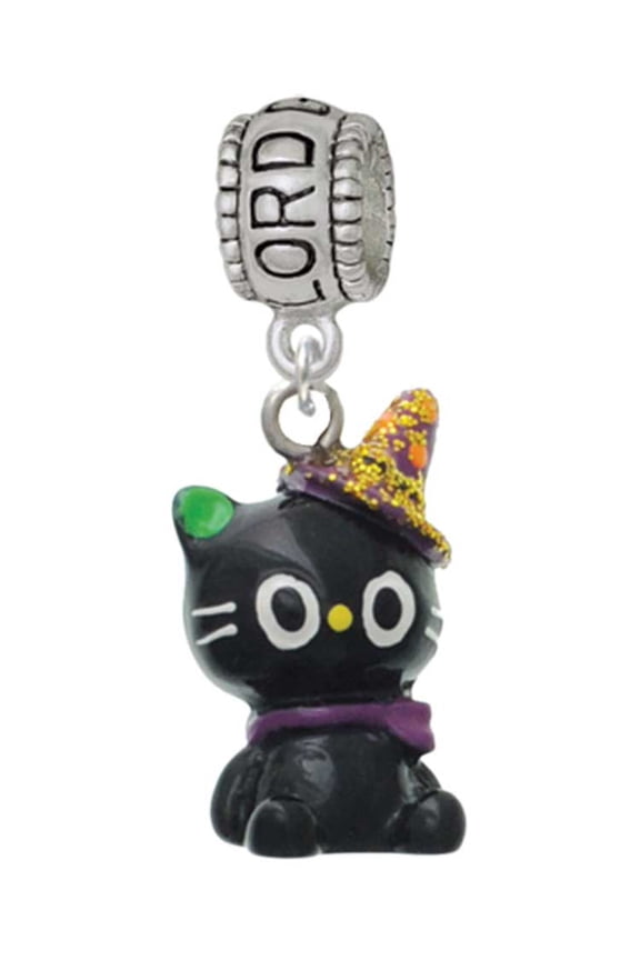 Resin Black Kitty Cat with Witch Hat Lord Guide Me Charm Bead