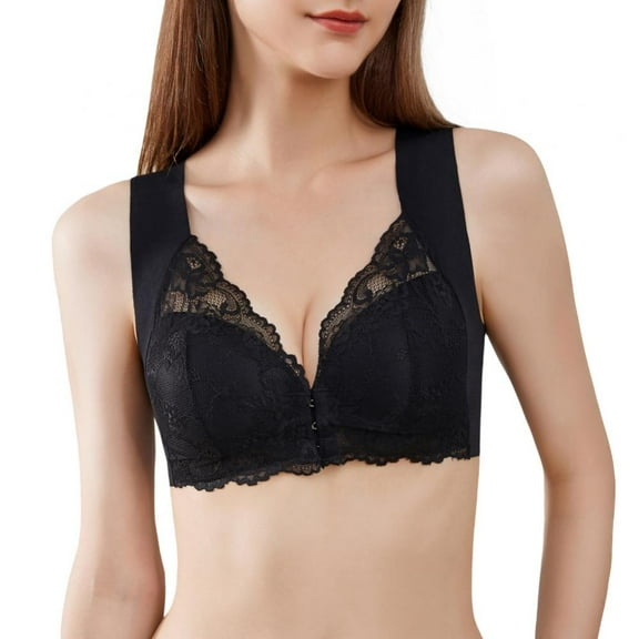 Popvcly Women Floral Lace Bralette Wireless Front Closure Back Smoothing Push up Bra Thin Padded Underwear