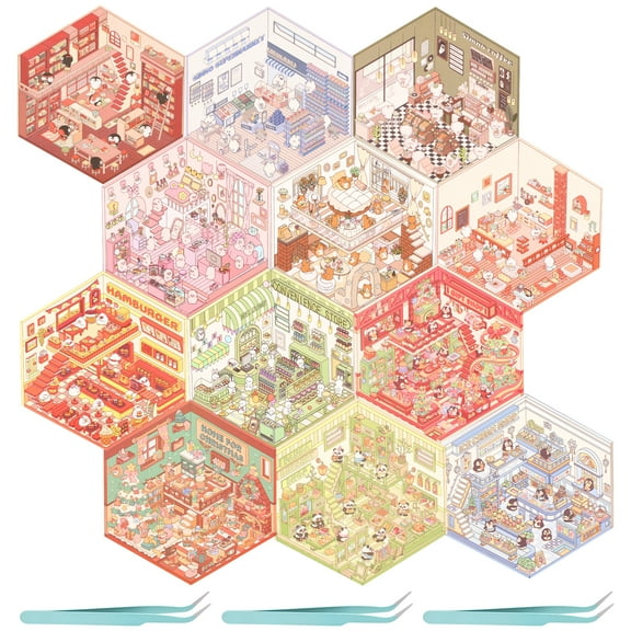 Wekvgz 12Pcs DIY 3D House Stickers Set Reusable 3D Cartoon Scene Stickers Funny Mini Room Scene Sticker Cute 3D Miniature Scene Sticker 3D Sticker Scene DIY Landscaping Sticker for Present