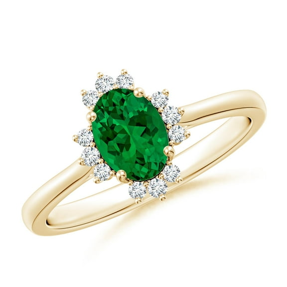 ANGARA Lab Grown Prong-Set Oval Emerald Halo Engagement Ring for Women in 14K Yellow Gold (Size-7x5mm) | May Birthstone, Birthday, Anniversary, Jewelry Gift for Women | Lab-Grown Emerald Ring
