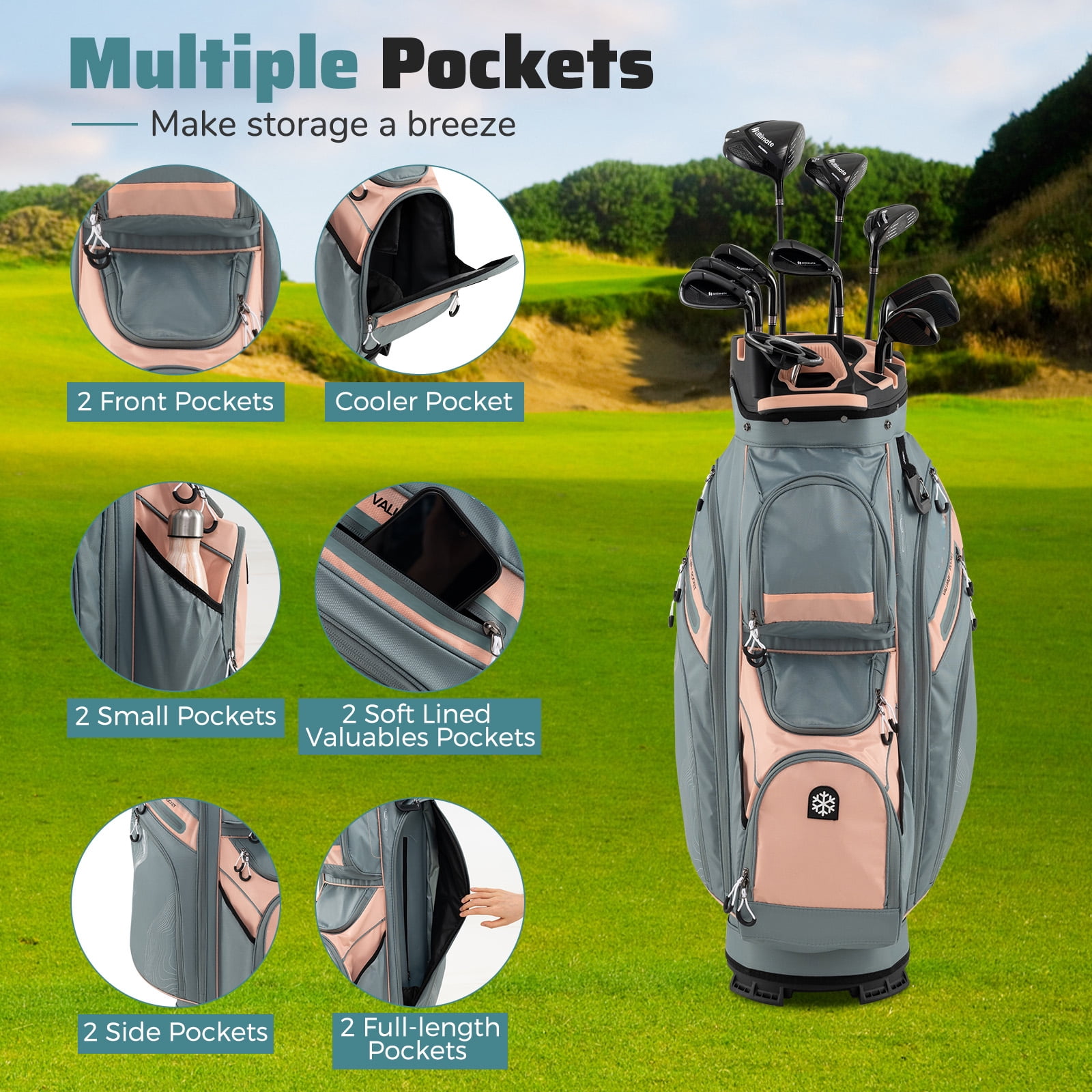 Gymax Golf Cart Bag Molded Lock Top Golf Bag w/14-Way Full Length Dividers 11 Pockets Dusty Pink