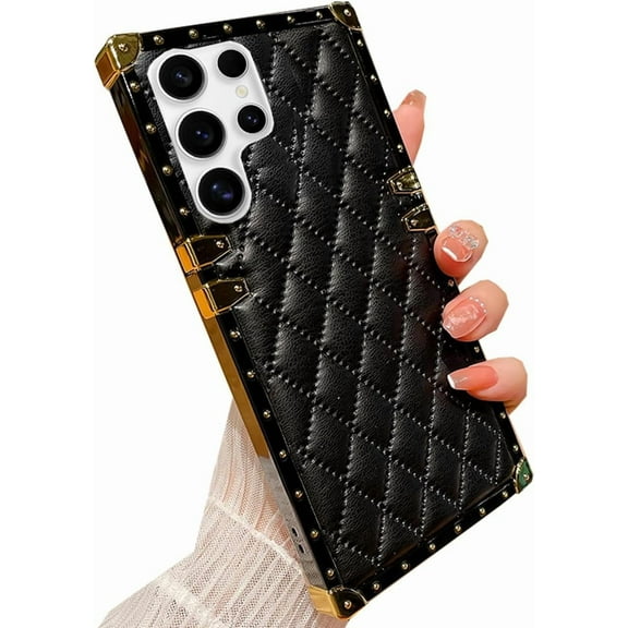 for Samsung Galaxy S25 Ultra Cute Case for Women,Luxury Golden Decoration Corner Soft TPU Bumper Elegant Shockproof PU Leather Back Girls Protective Phone Case for Galaxy S25 Ultra 6.9",Black