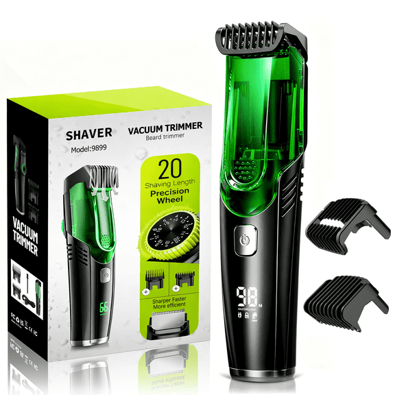 Vacuum Beard Trimmer for Men, Men’s Electric Stubble Trimmer with LED Display, 20 Length Settings, IPX7 Waterproof, USB Charge, Gifts for Men, Green