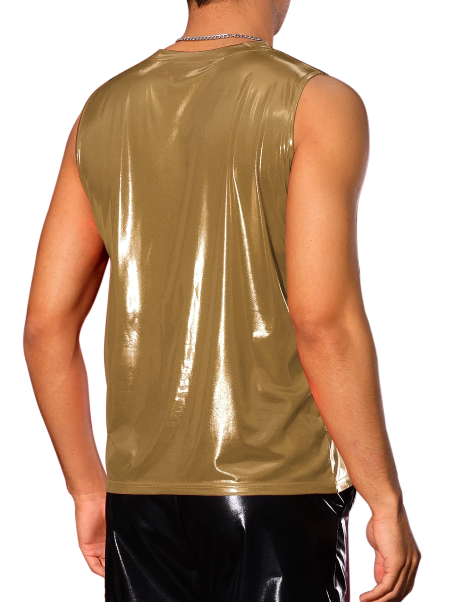INSPIRE CHIC Metallic Tank Tops for Men's Holographic Sleeveless T-Shirt Disco Party Shiny Vest 2XL Golden