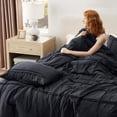thumbnail image 3 of California King Comforter Set with Sheet - 4 Pieces Soft Black Bedding, Grid Pinch Pleat, All Season Lightweight Fluffy Bed Set with Solid Boho Comforter, Pillowcases & Sheet, 3 of 8