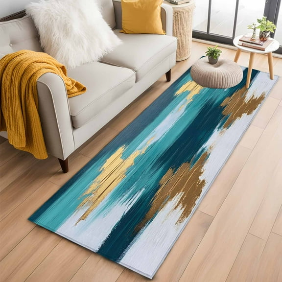 Modern Teal Green Kitchen Runner Rug 2x6 Washable Runners for Hallway Non Slip Abstract White Gold Oil Painting Large Area Rug Indoor Floor Carpet for Bathroom Laundry Entryway Bedroom Living Room