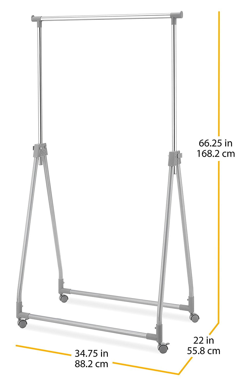 Whitmor Foldable Garment Rack - Rolling Clothes Rack - Adjustable Height - Silver - 22" x 34.75" x 66.25"