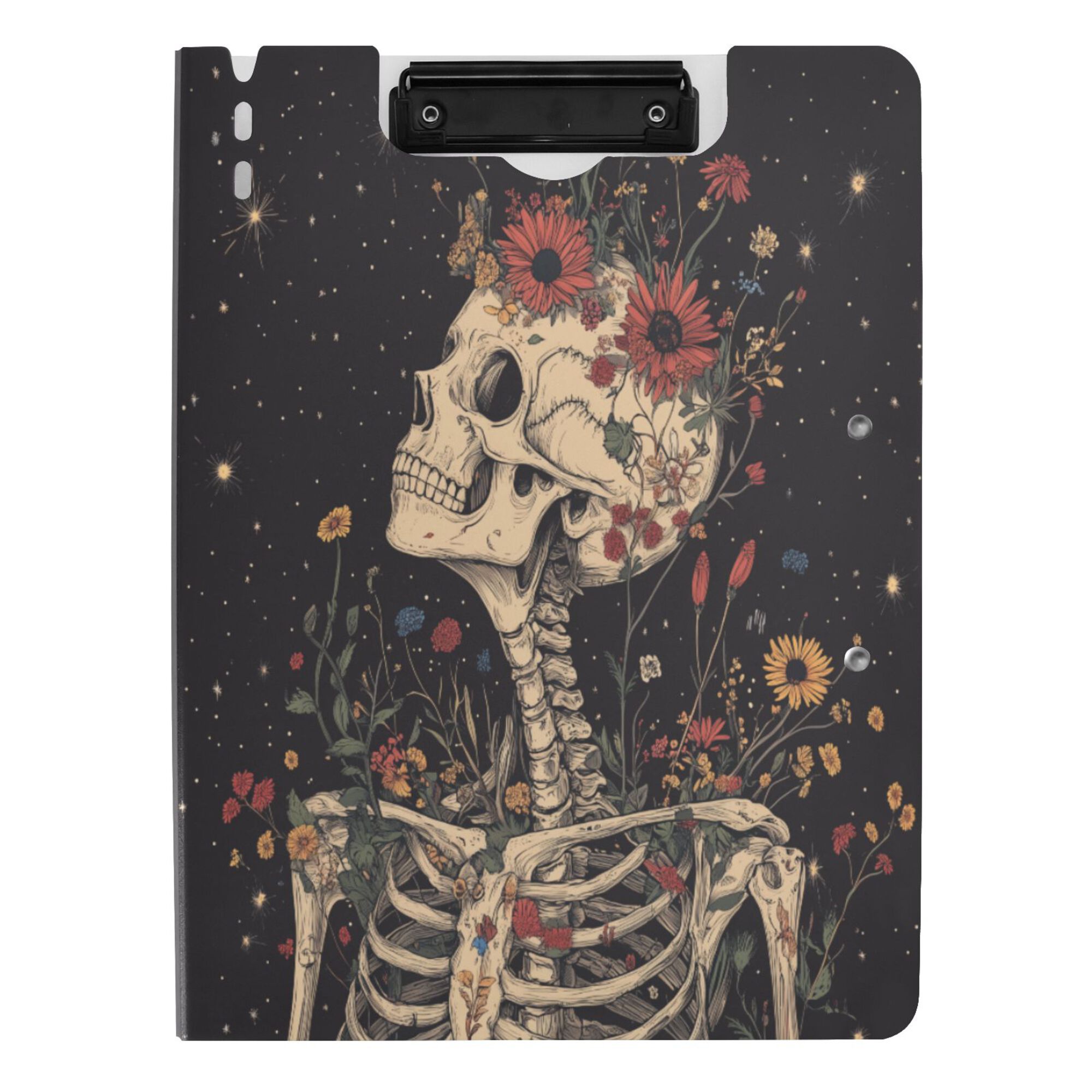 FORMRS A4 Clipboard Folder with Pen Holder Horizontal Foldable School Office Binder, Skeleton with Flowers Pattern
