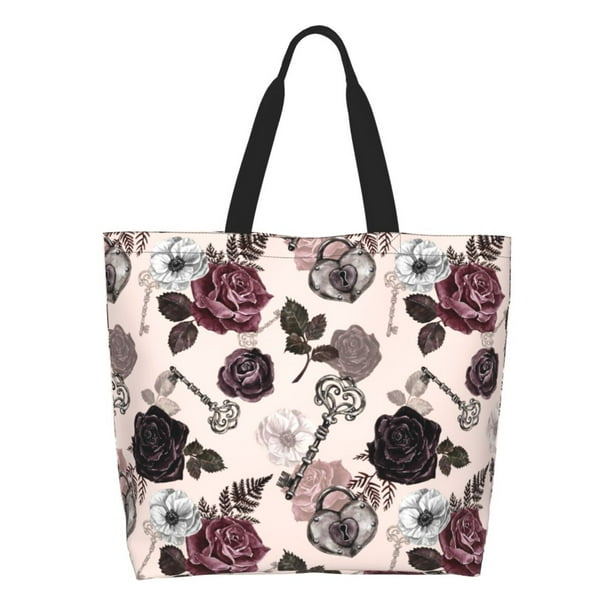 Fotbe Retro Red Black Roses Bolsa Tote Estética de Lona con Estampado para Mujer - Bolsa Reutilizable de Hombro Casual para Vacaciones, Compras, Trabajo y Gimnasio