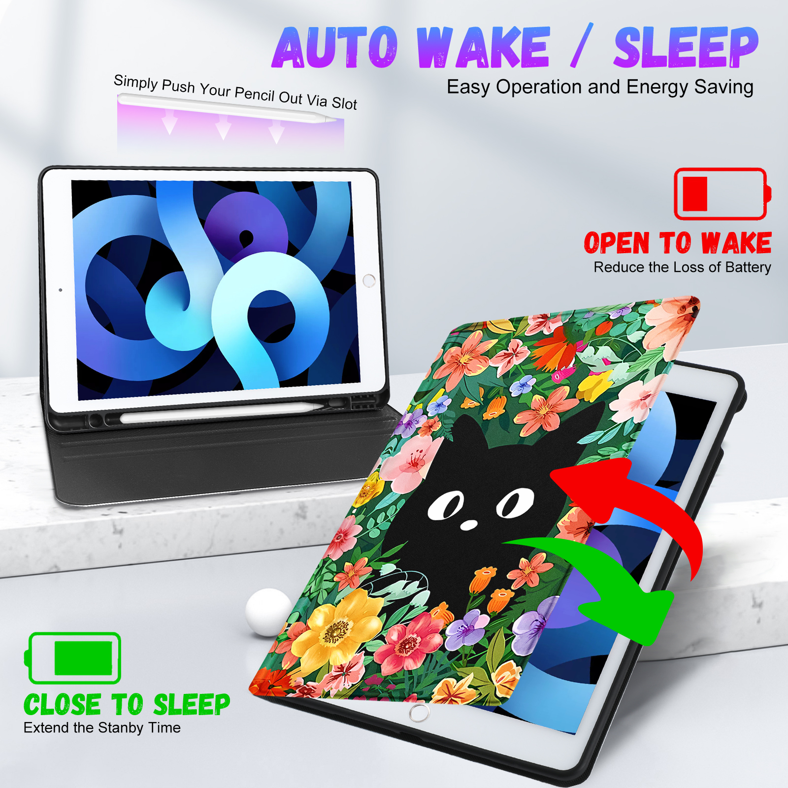 Gemfits Case for iPad 7/8/9 - Flexible Soft TPU Stand Back Cover with Pencil Holder, Auto Sleep/Wake, Cat-Flower