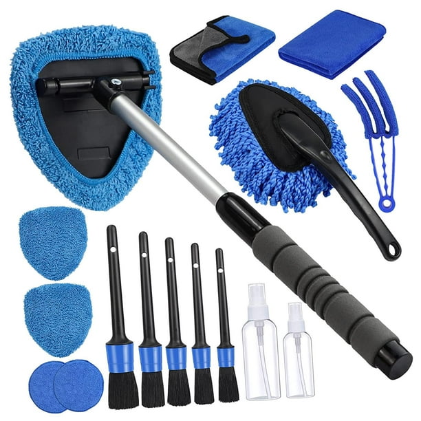 Nettoyant pour Pare-Brise, 4 Tampons en Microfibre, Nettoyage de Pare-Brise  avec Poignée Télescopique Kit d'Essuie-Glace, Bleu