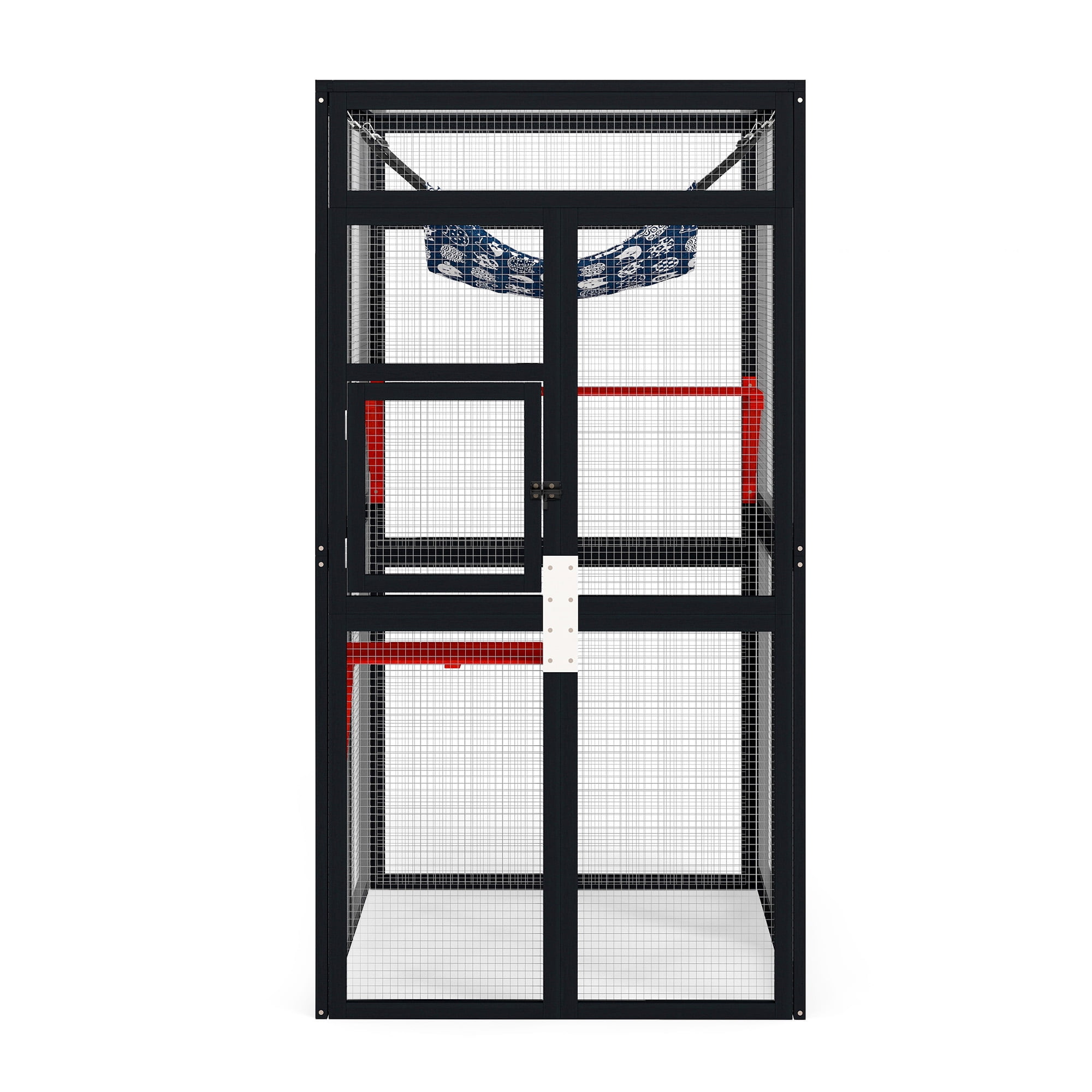Pefilos 64" Gothic Cat House Outdoor Catio Cat Enclosures Wooden Kitty House with Platforms, Waterproof Roof, Hammock, Black