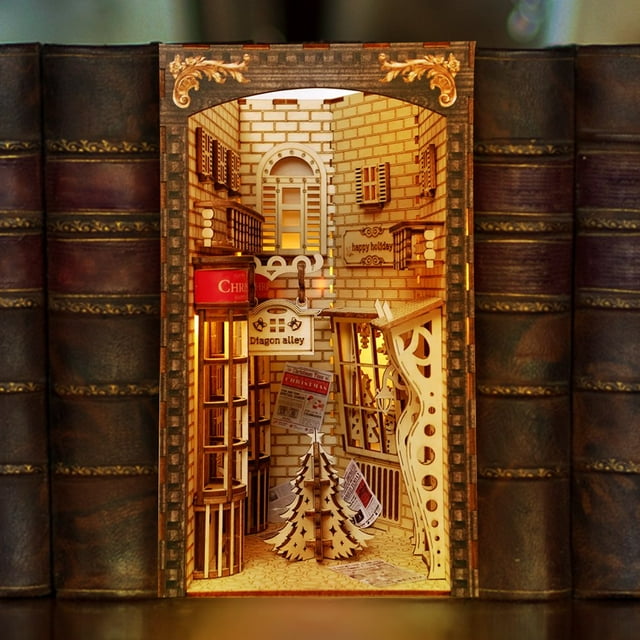 DIY Book Nook Kit 3D Wooden Puzzle Bookshelf Insert Decor with LED Light DIY Miniature Dollhouse Model Kit Creative Educational Bookshelf Insert Bookend Building Kits for Kids Adults