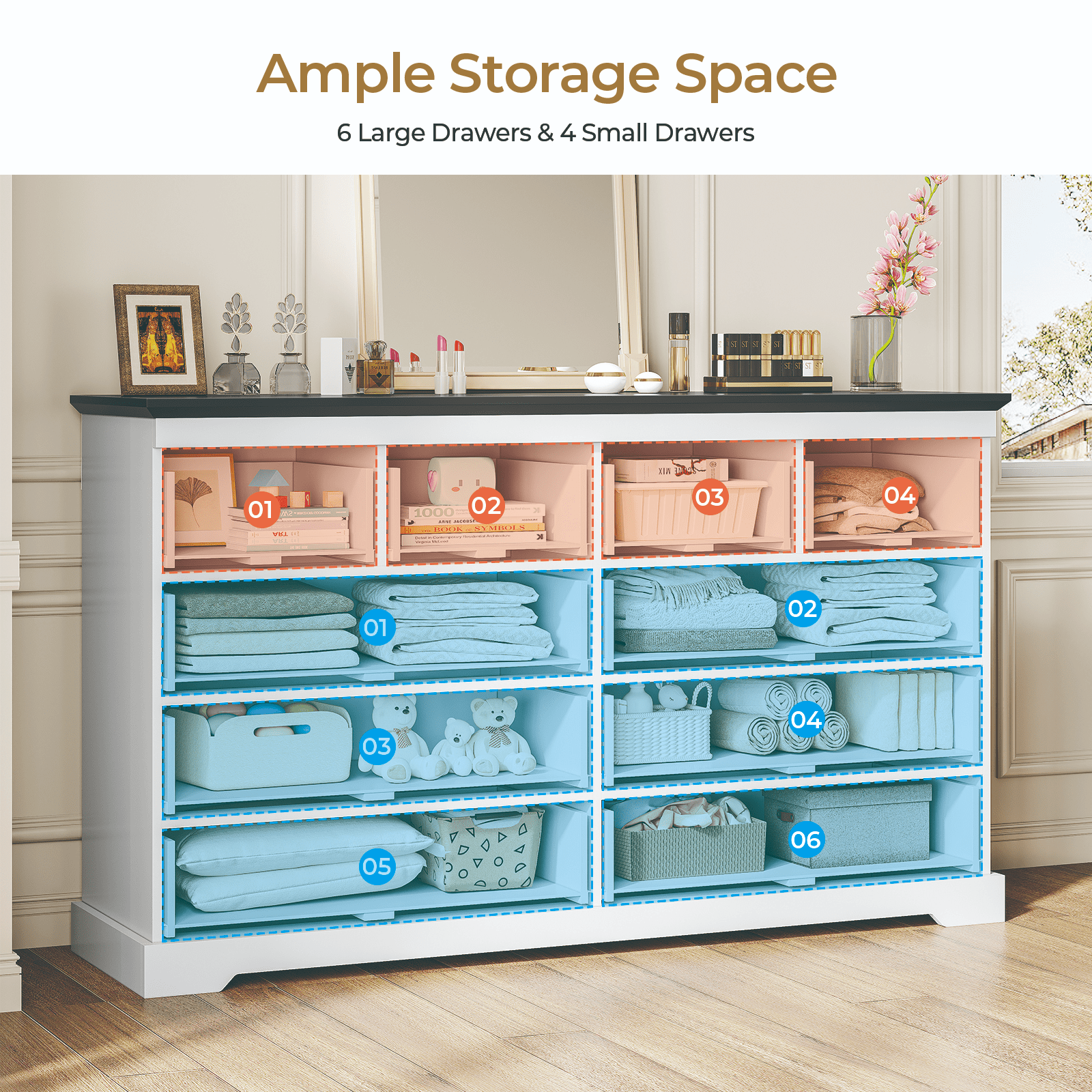 Plonmago 10 Drawers Dresser, 55" Large Drawers Dresser for Bedroom, Wood Dressers & Chest of Drawers for Living Room,White