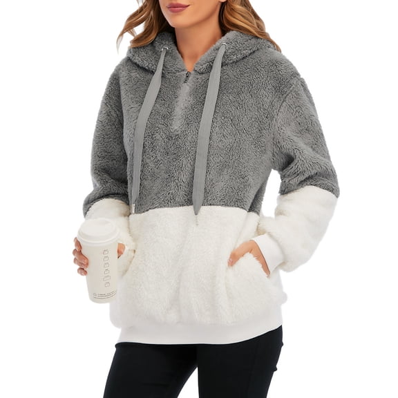 Zando Women Fuzzy Hoodies Oversized Winter Sweatshirt with Pockets Sherpa Fleece Zip Pullover Grey & White L
